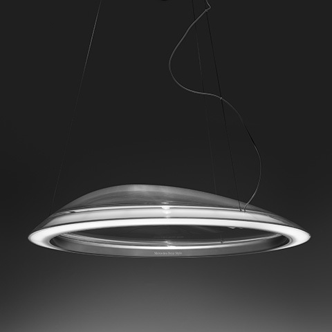 Artemide Ameluna pendant lamp: sleek disc-shaped transparent glass diffuser with circular LED ring, suspended by thin black cables