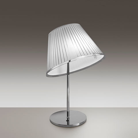 Artemide Choose table lamp with tilted white pleated fabric shade on a slim chrome stem and round polished chrome base