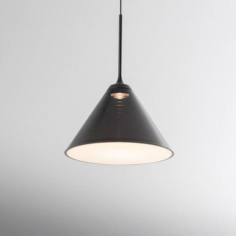 Artemide Look at Me pendant lamp with dark conical metal shade, brushed finish, emitting warm downward light on black cord