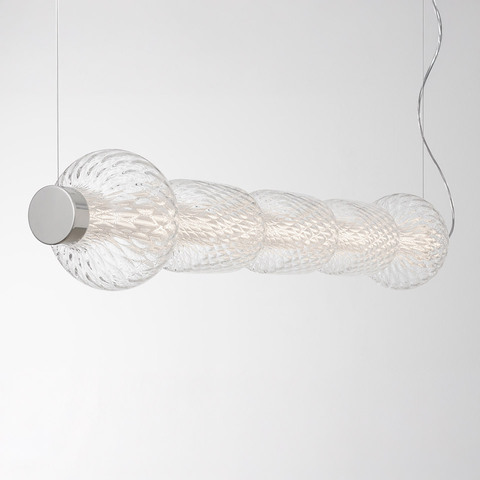 Artemide Alambicco pendant lamp: three stacked clear glass globes with chrome fittings and central LED stem on a chrome rod