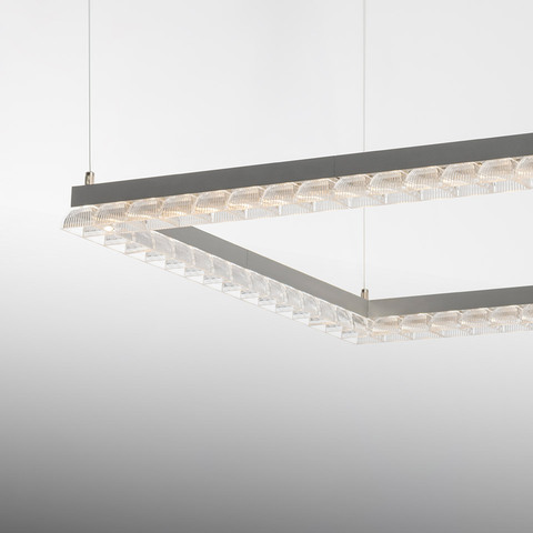 Artemide Somnium rectangular LED pendant lamp in grey metal with crystal prismatic diffusers, suspended by thin cables