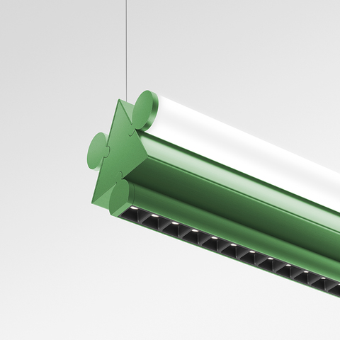 Artemide Dreispitz pendant linear LED lamp in green, with directional louvered downlight and cylindrical diffuser, suspended by cables