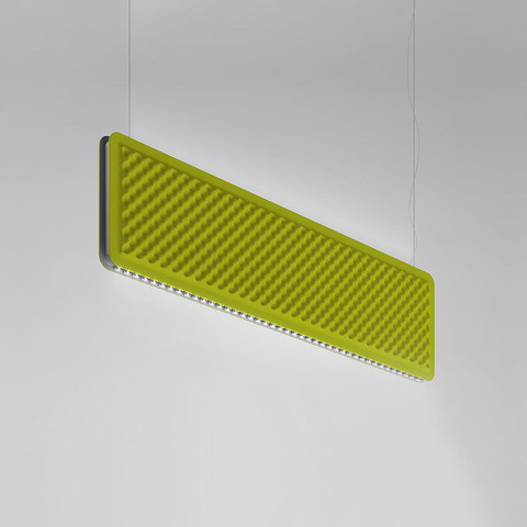 Artemide Eggboard pendant lamp: rectangular lime green acoustic panel with textured egg-crate surface, suspended by thin cables with LED strip on edge