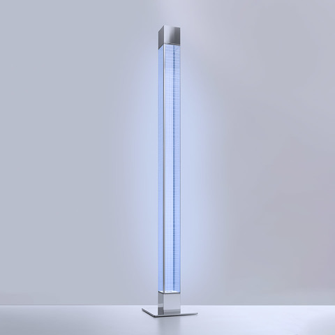 Artemide Mimesi INTEGRALIS floor lamp: tall slim square column in chrome with blue LED light, on a square base