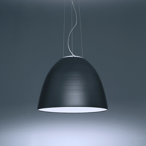 Artemide Nur INTEGRALIS pendant lamp with large dark anthracite dome shade and white interior, suspended by thin cables