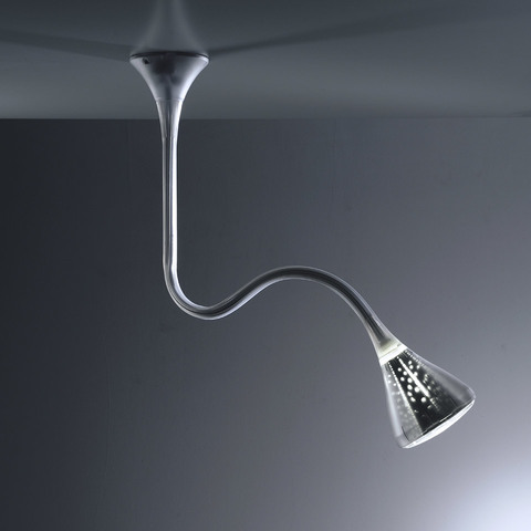 Artemide Pipe INTEGRALIS ceiling lamp with flexible chrome gooseneck arm and conical LED head emitting focused downward light