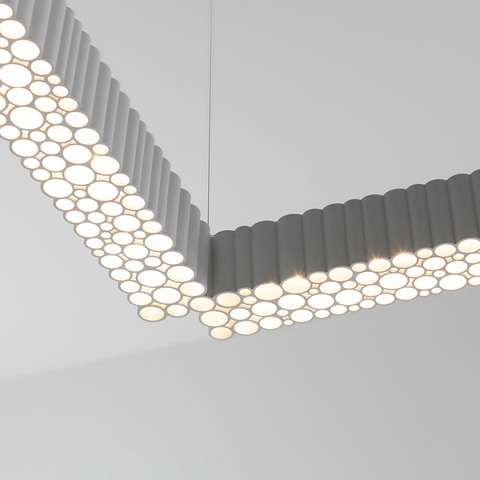 Calipso Architectural Indoor pendant lamp by Artemide: angular gray aluminum profile with honeycomb LED diffuser, suspended by cables
