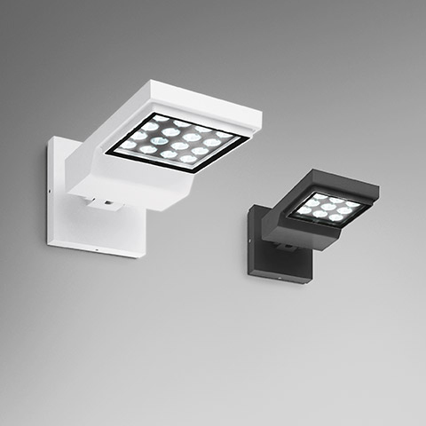 Applique Artemide Cefiso: versioni bianca e grigio scuro con testa LED orientabile a 12 LED, montata su staffa quadrata a parete