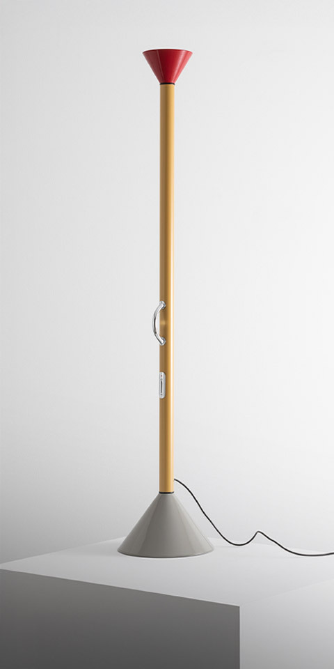 Artemide Callimaco floor lamp: tall yellow stem, red cone top diffuser, grey base, two white switches, black power cord