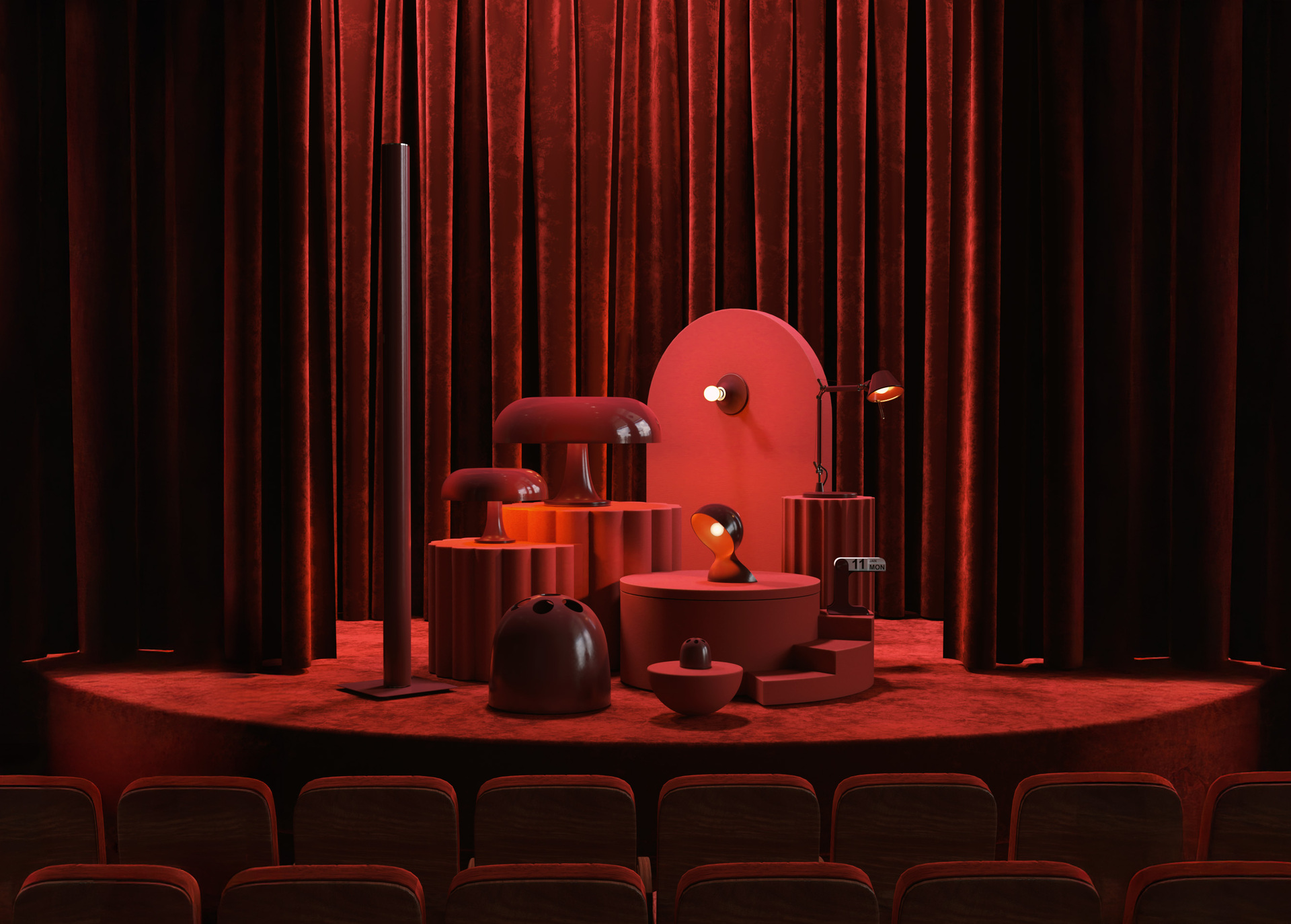 Allestimento scenografico bordeaux con diverse lampade e oggetti di design Artemide e Danese Milano su una pedana circolare davanti a tende in velluto.