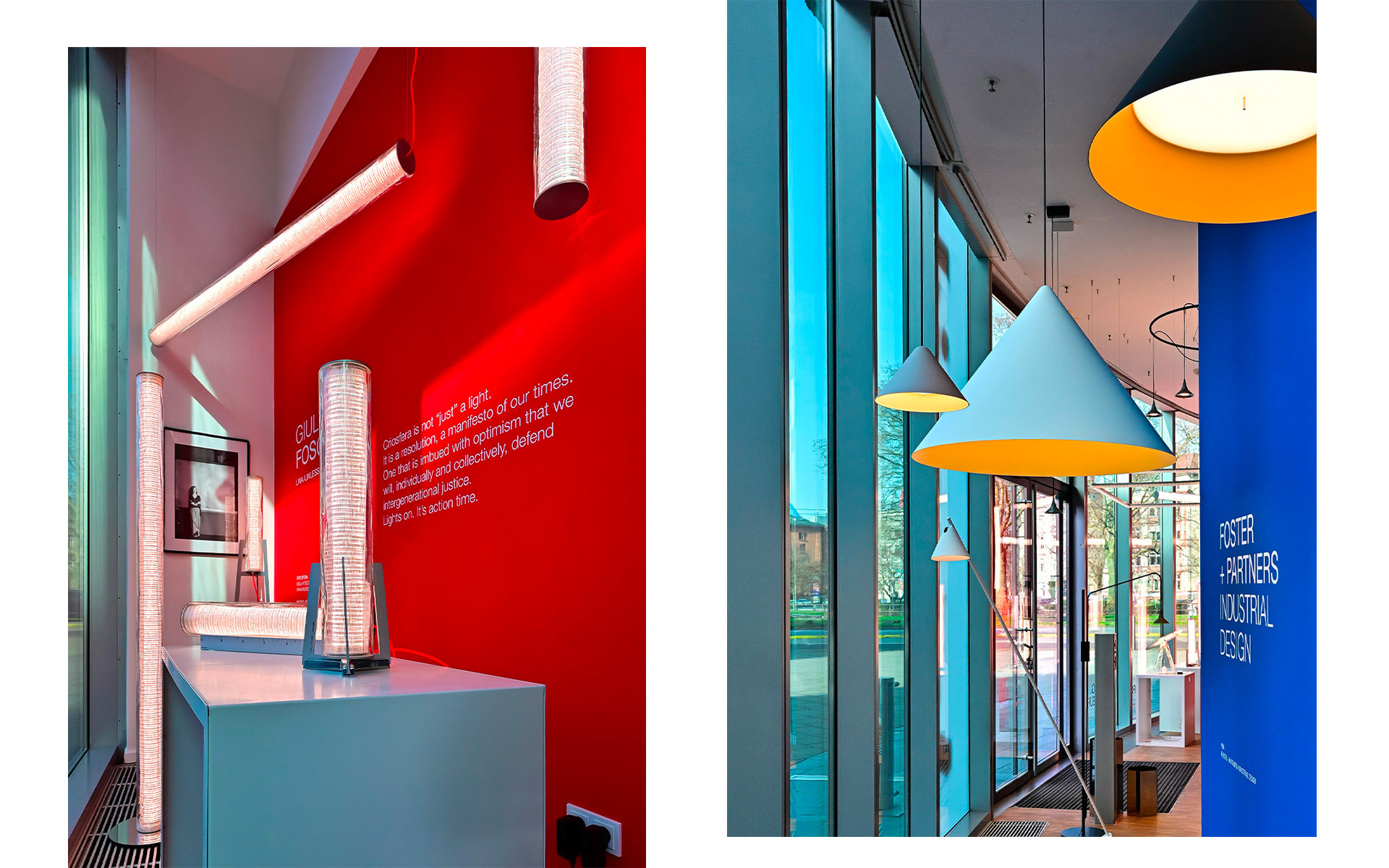 Esposizione lampade Artemide: sinistra, lampade da terra e tavolo su parete rossa; destra, sospensioni coniche ciano con interno dorato in corridoio blu