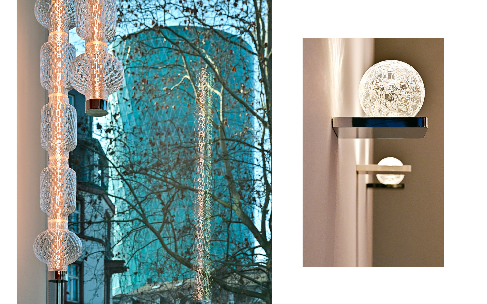 Due lampade Artemide: sinistra lampada da terra con diffusori in vetro sovrapposti, destra applique con paralume sferico a rete metallica