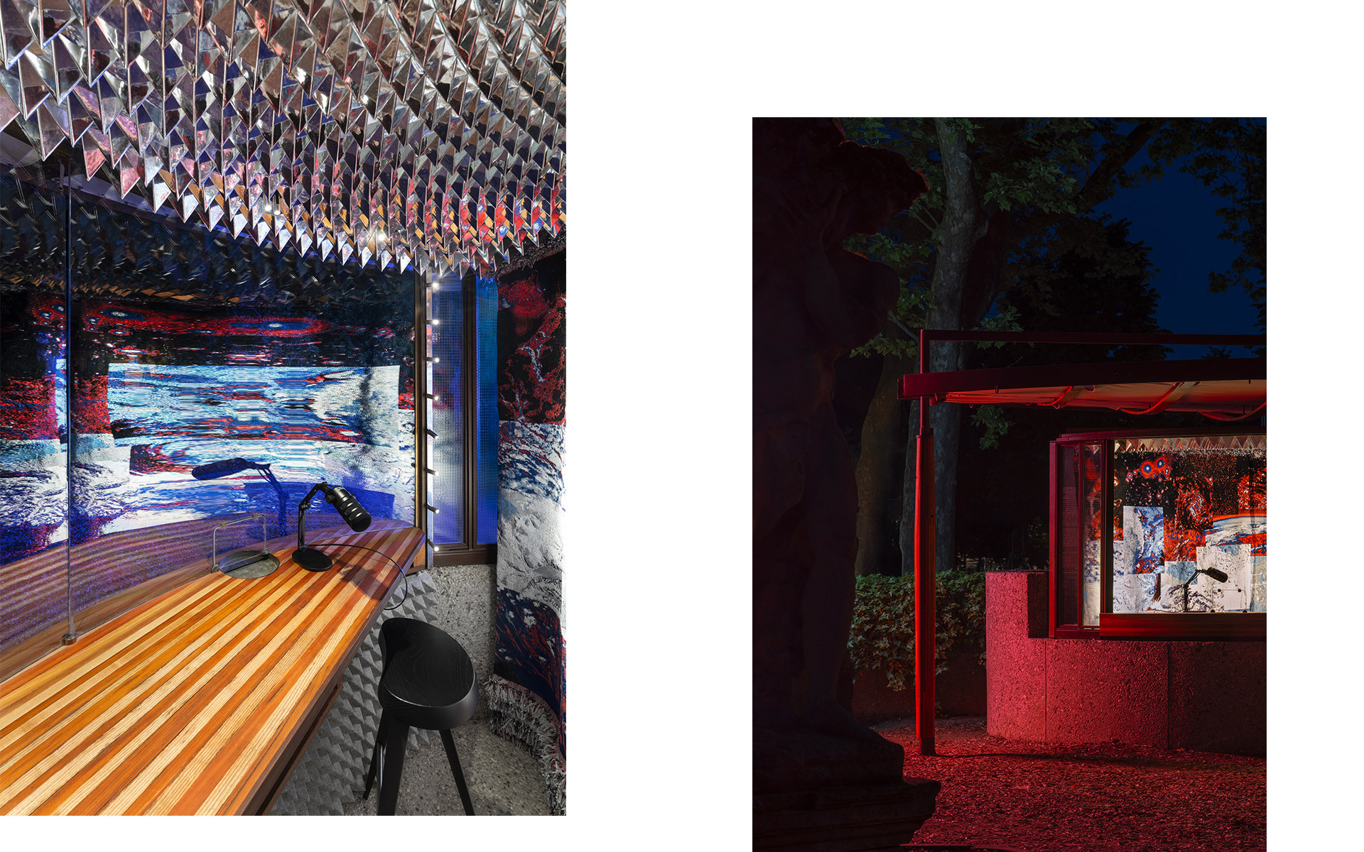 Due installazioni artistiche: sinistra, interno vibrante con soffitto geometrico e scrivania in legno; destra, struttura esterna illuminata di rosso di notte