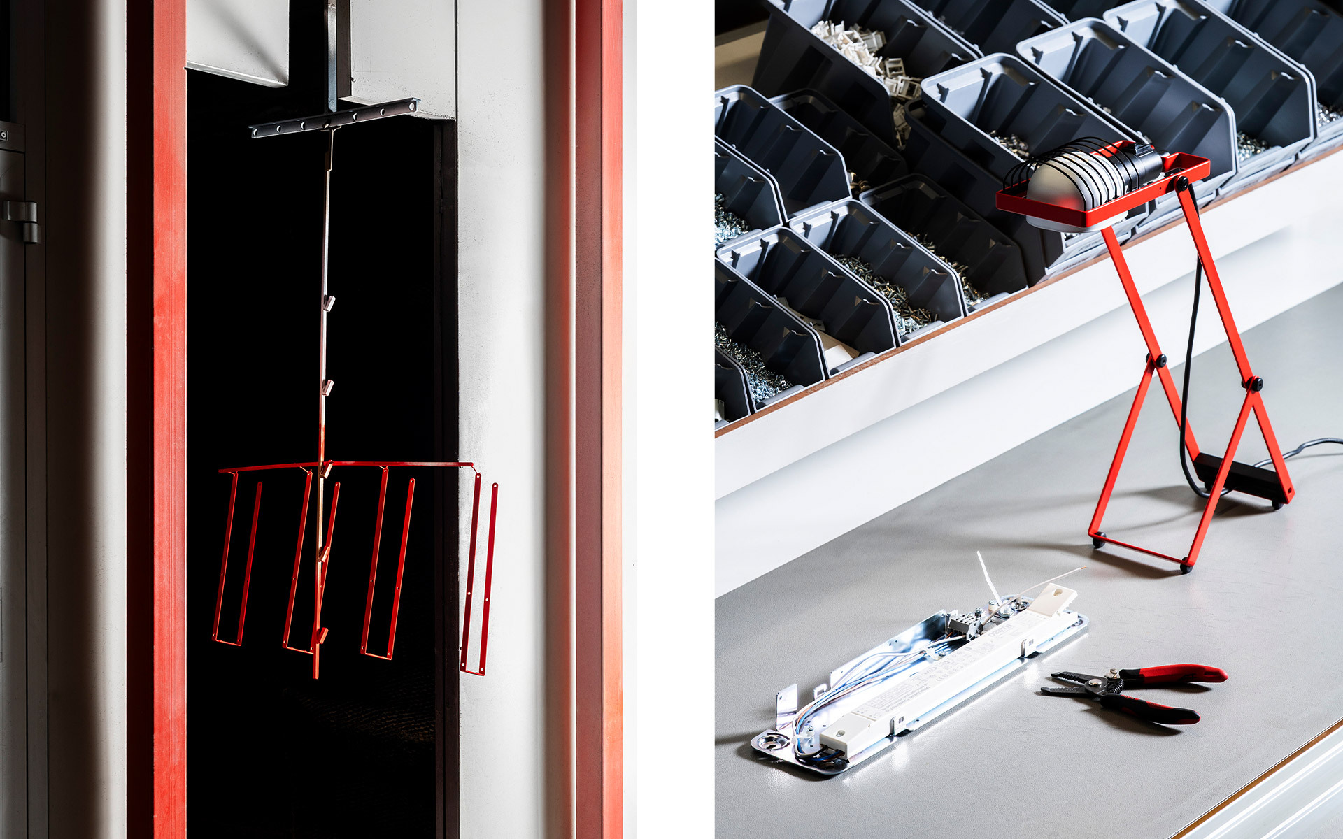 Prototipi di lampade Artemide: struttura geometrica rossa sospesa a sinistra, lampada da tavolo rossa a cavalletto con tubo fluorescente e attrezzi a destra