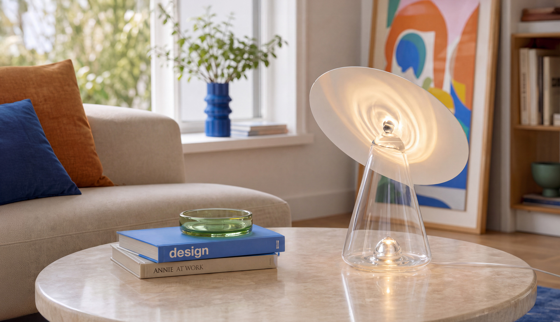 Lampada da tavolo Artemide con base conica in vetro trasparente e diffusore a disco, illuminata su un tavolino in marmo in un soggiorno moderno