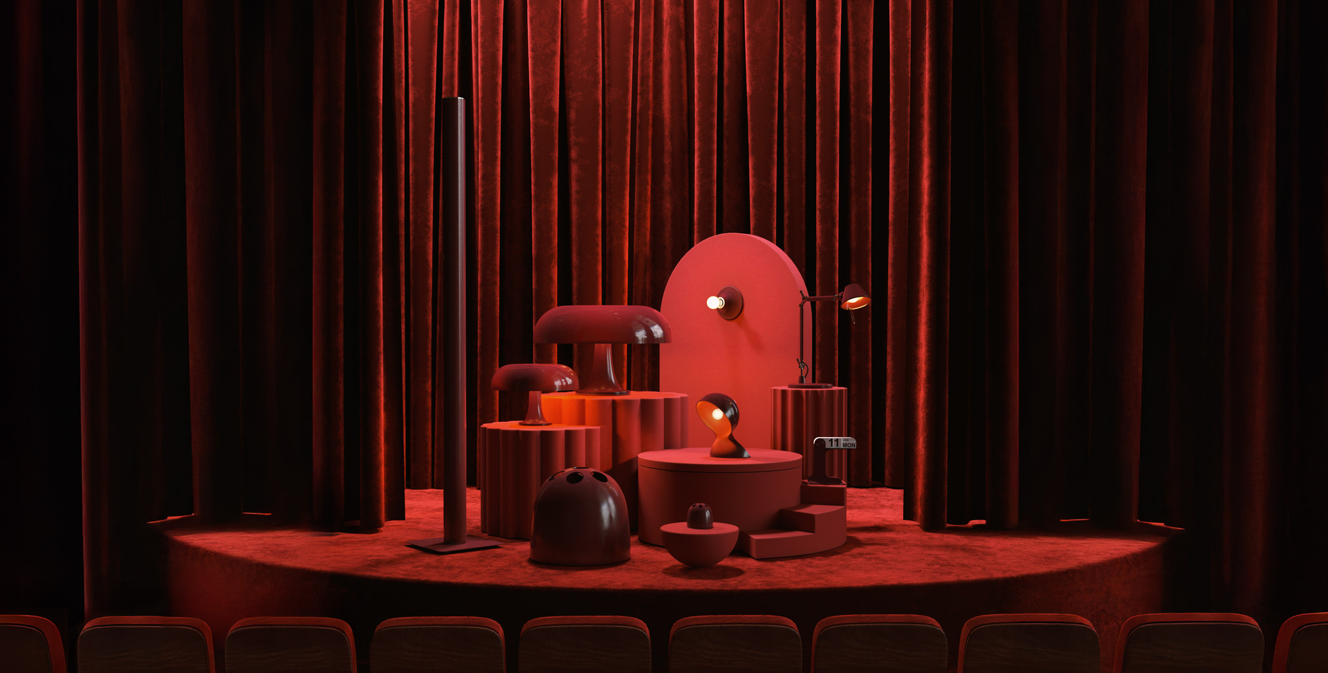 Allestimento scenografico bordeaux con diverse lampade e oggetti di design Artemide e Danese Milano su una pedana circolare davanti a tende in velluto.