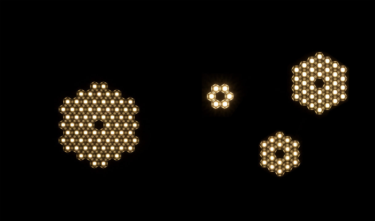 Composizione luminosa Helgoland, moduli esagonali che si uniscono in un disegno di luce dinamico e continuo.