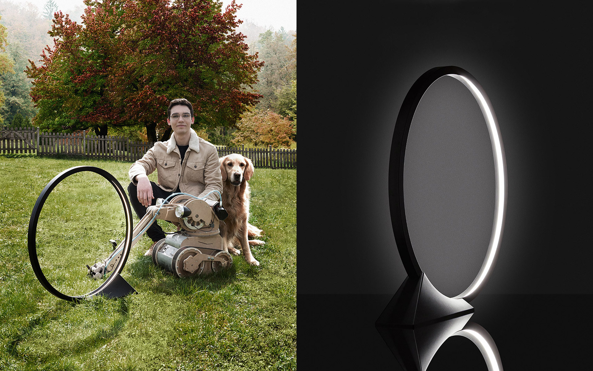 Designer con golden retriever accanto a prototipo di lampada ad anello ovale all'aperto; destra: lampada da terra Artemide ovale con anello LED a luce soffusa