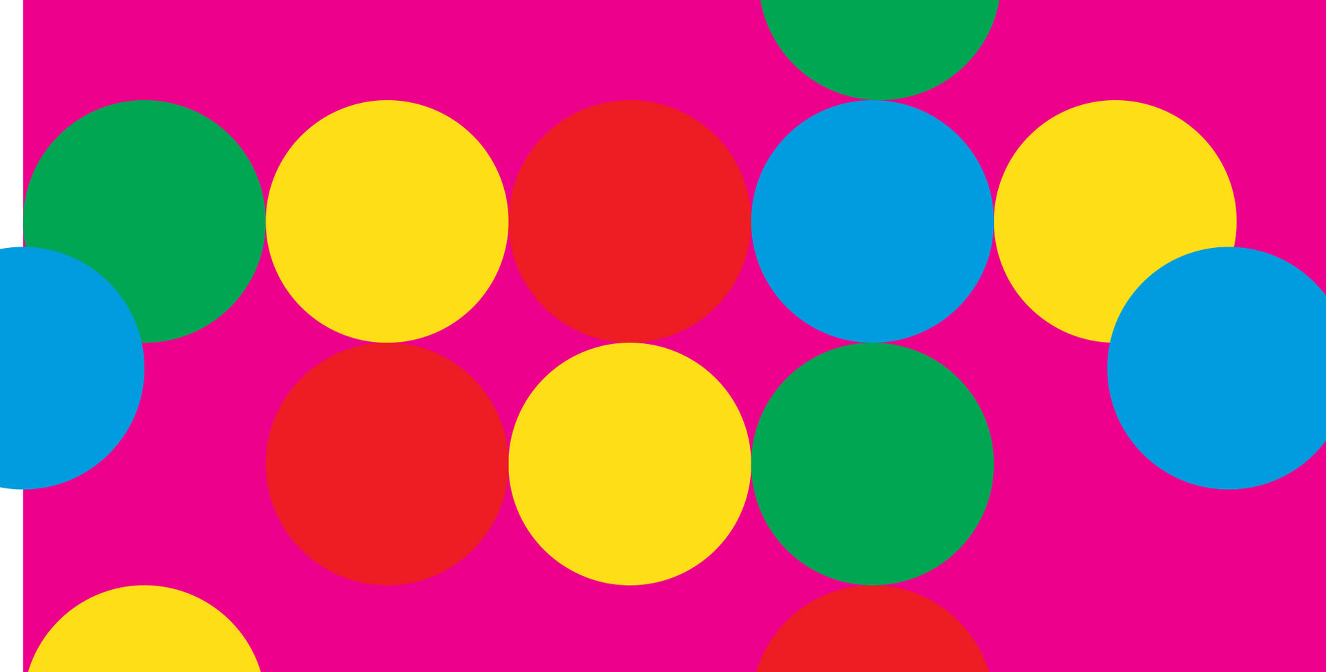 Sfondo magenta vibrante con cerchi sovrapposti in giallo, rosso, verde e blu disposti in un motivo colorato e giocoso.