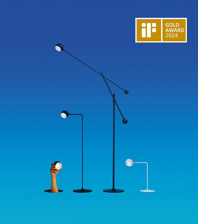 Collezione di lampade Artemide vincitrice dell'iF Gold Award 2024: quattro design tra cui lampade da terra, tavolo e a braccio bilanciato in nero e bianco