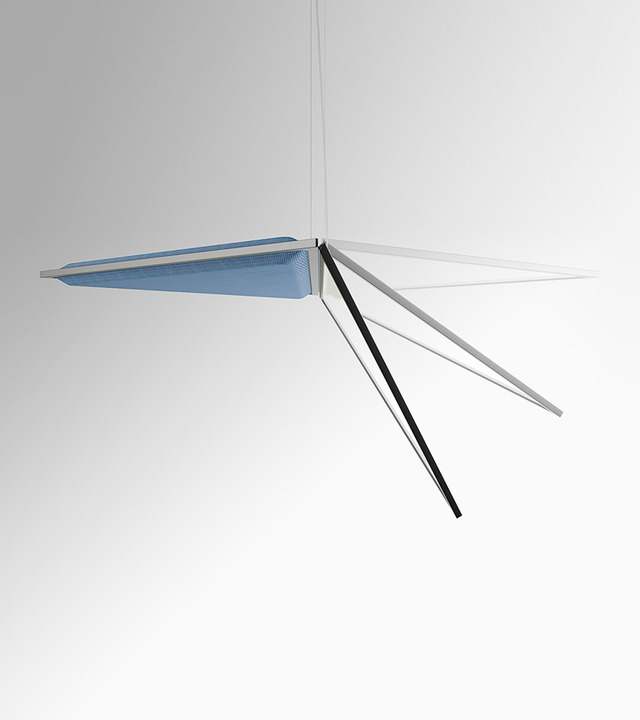 Lampada a sospensione Artemide dal design asimmetrico: diffusore triangolare illuminato in blu e alette bianche allungate che si irradiano da un punto centrale, sospesa da sottili cavi