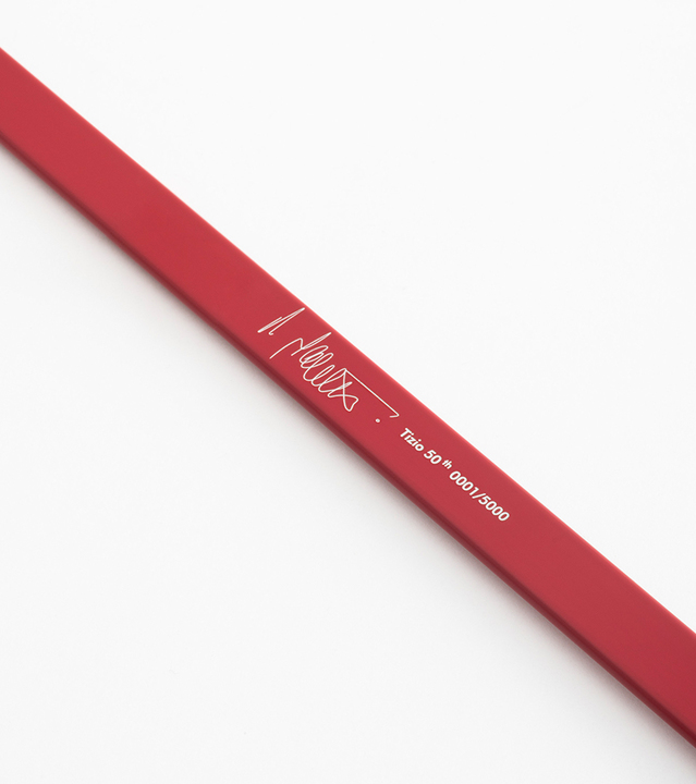 Red limited edition Talo 50 lamp body, numbered 0001/5000, with designer's signature in white lettering