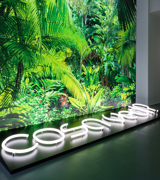 Lettere al neon bianche luminose che formano 'cosomeen' su una piattaforma scura, davanti a un murale tropicale vivace con una tigre nascosta.