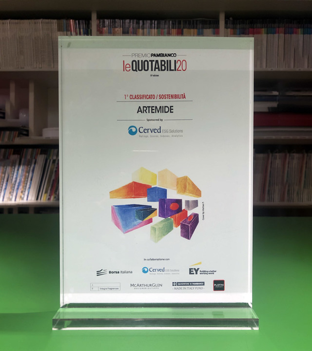 Artemide award plaque: 1st place in Sustainability at Premio Pambianco Le Quotabili 20, sponsored by Cerved.