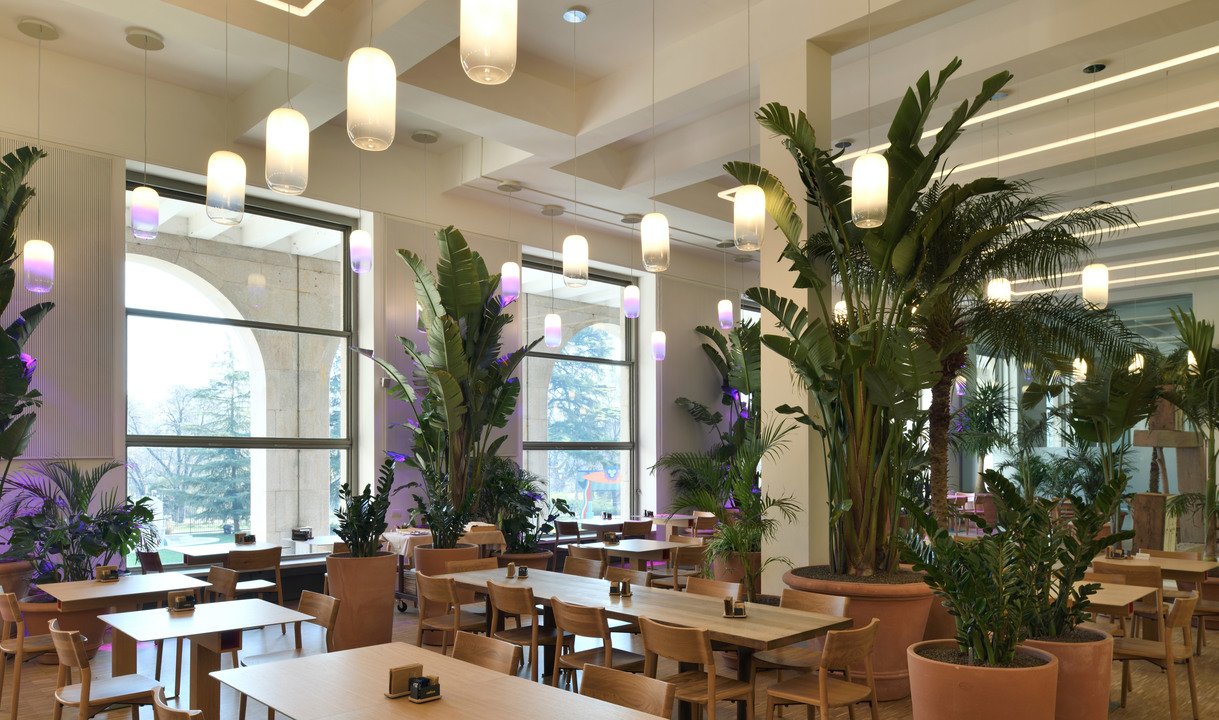 Interno di ristorante con lampade a sospensione cilindriche bianche e luci viola tra piante tropicali, tavoli e sedie in legno.