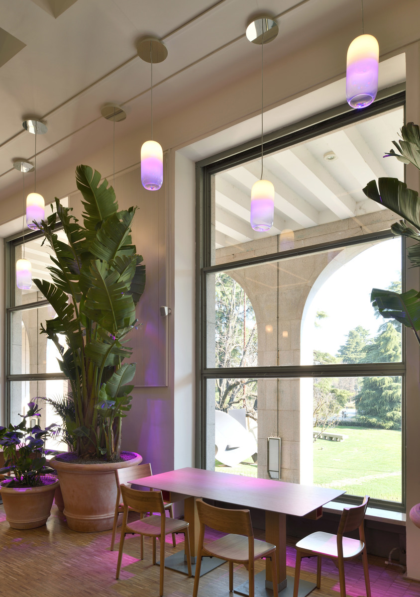 Area pranzo con lampade a sospensione che emettono luce sfumata viola-bianca, appese al soffitto vicino a grandi finestre con piante tropicali.