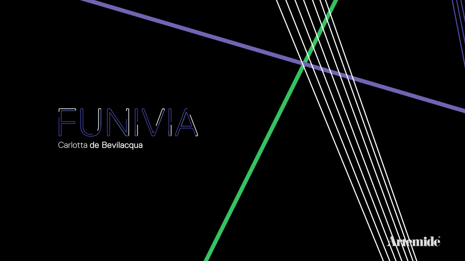 Funivia di Carlotta de Bevilacqua: concept illuminotecnico Artemide con linee blu, verdi e bianche che si intersecano su sfondo nero