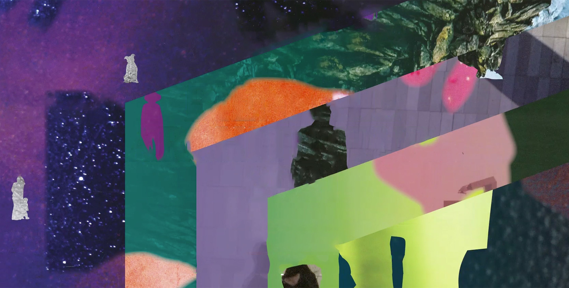 Abstract collage with overlapping geometric shapes in vivid colors: purple, teal, green, orange, and pink, with a starry texture.