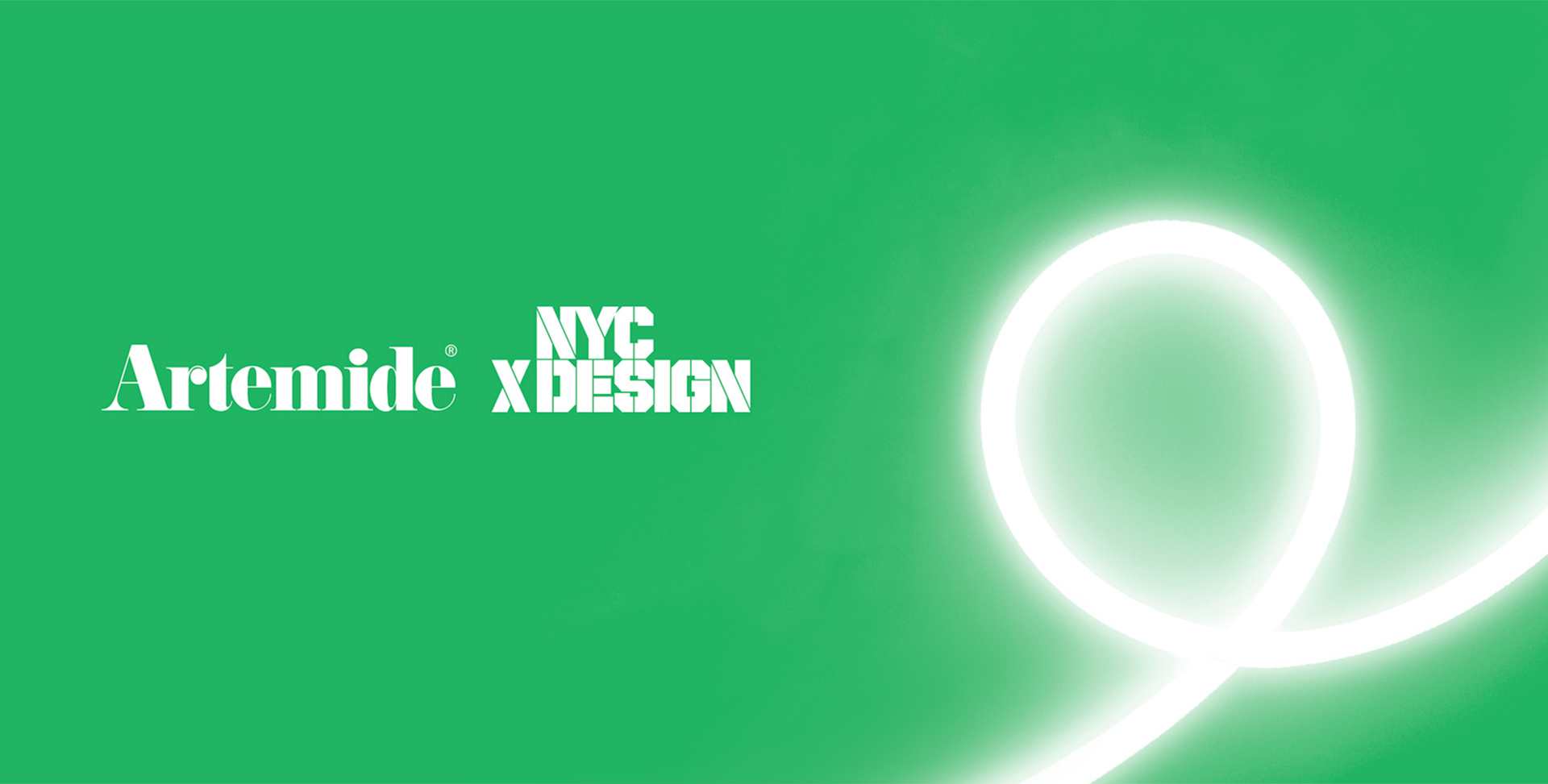Logo della collaborazione Artemide x NYC Design su sfondo verde con elemento luminoso circolare incandescente a destra.