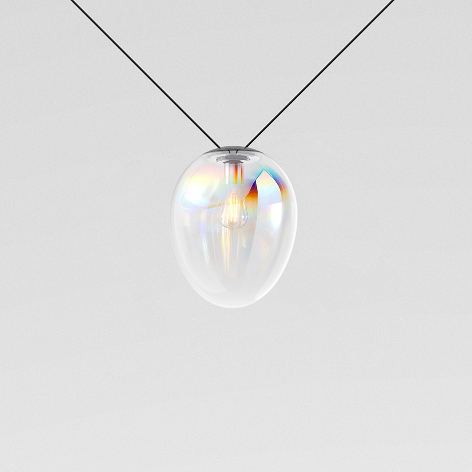 Artemide Funivia pendant lamp: iridescent egg-shaped glass diffuser suspended on black cable, revealing Edison bulb inside