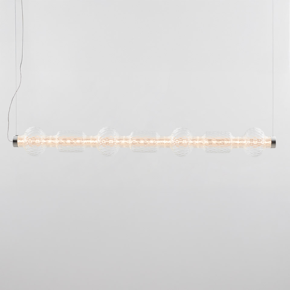 Artemide Alambicco horizontal pendant lamp: elongated glass tube with warm LED light and spherical glass bubbles, chrome end caps