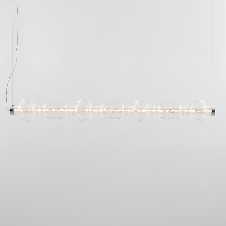 Artemide Alambicco horizontal pendant lamp: elongated transparent glass tube with spherical bulges and LED light, chrome end caps