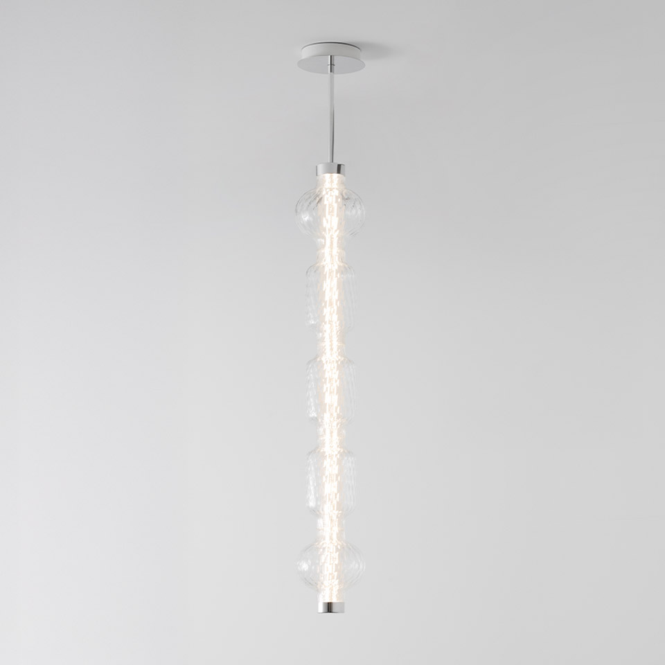 Artemide Alambicco pendant lamp: vertical chrome rod with cascading crystal glass bubbles, suspended from ceiling canopy