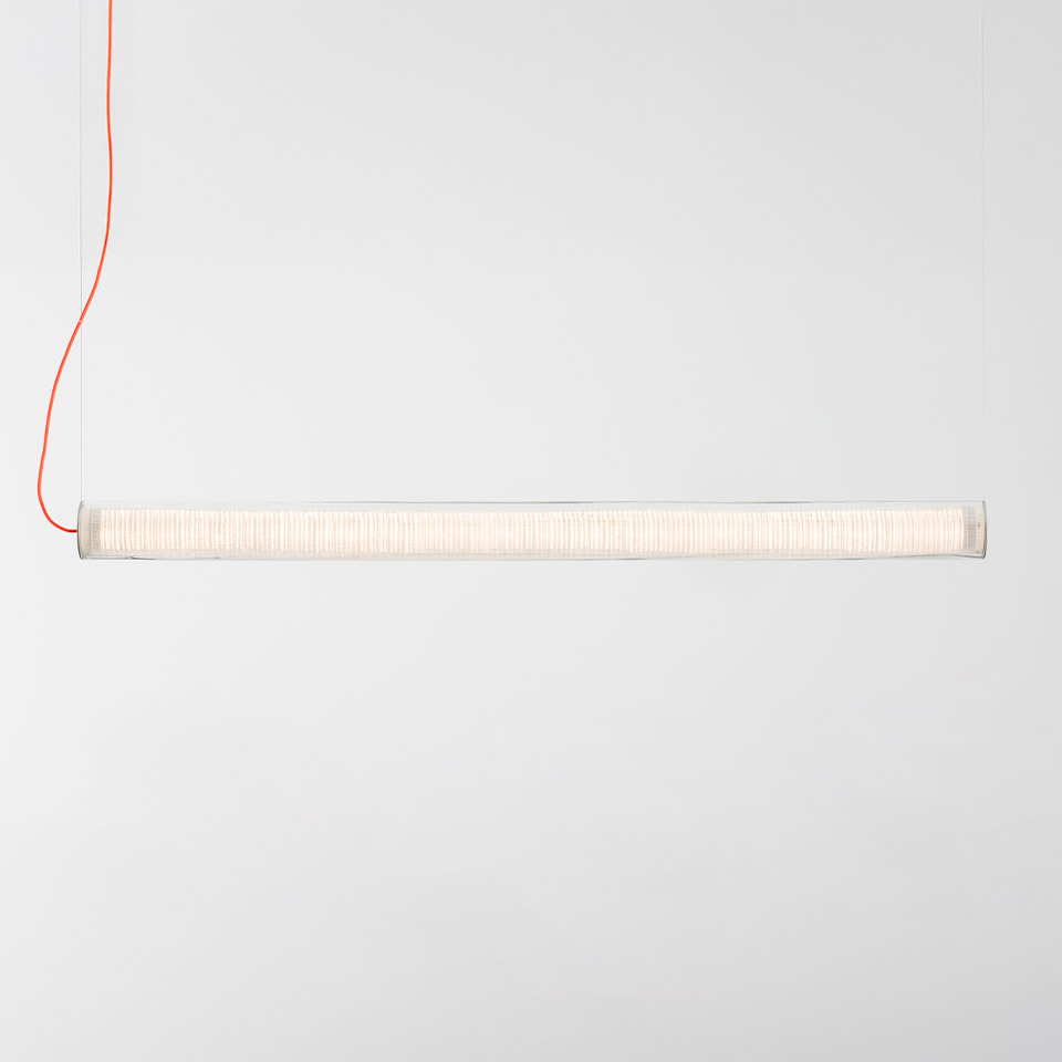 Artemide Criosfera pendant lamp: horizontal cylindrical tube with ribbed white diffuser and vibrant orange suspension cord