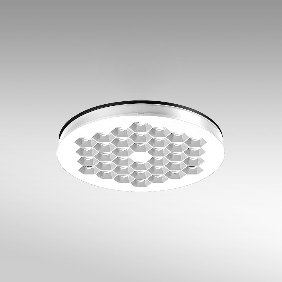 Plafoniera da incasso rotonda Artemide Helgoland con griglia LED a nido d'ape bianca e sottile bordo nero