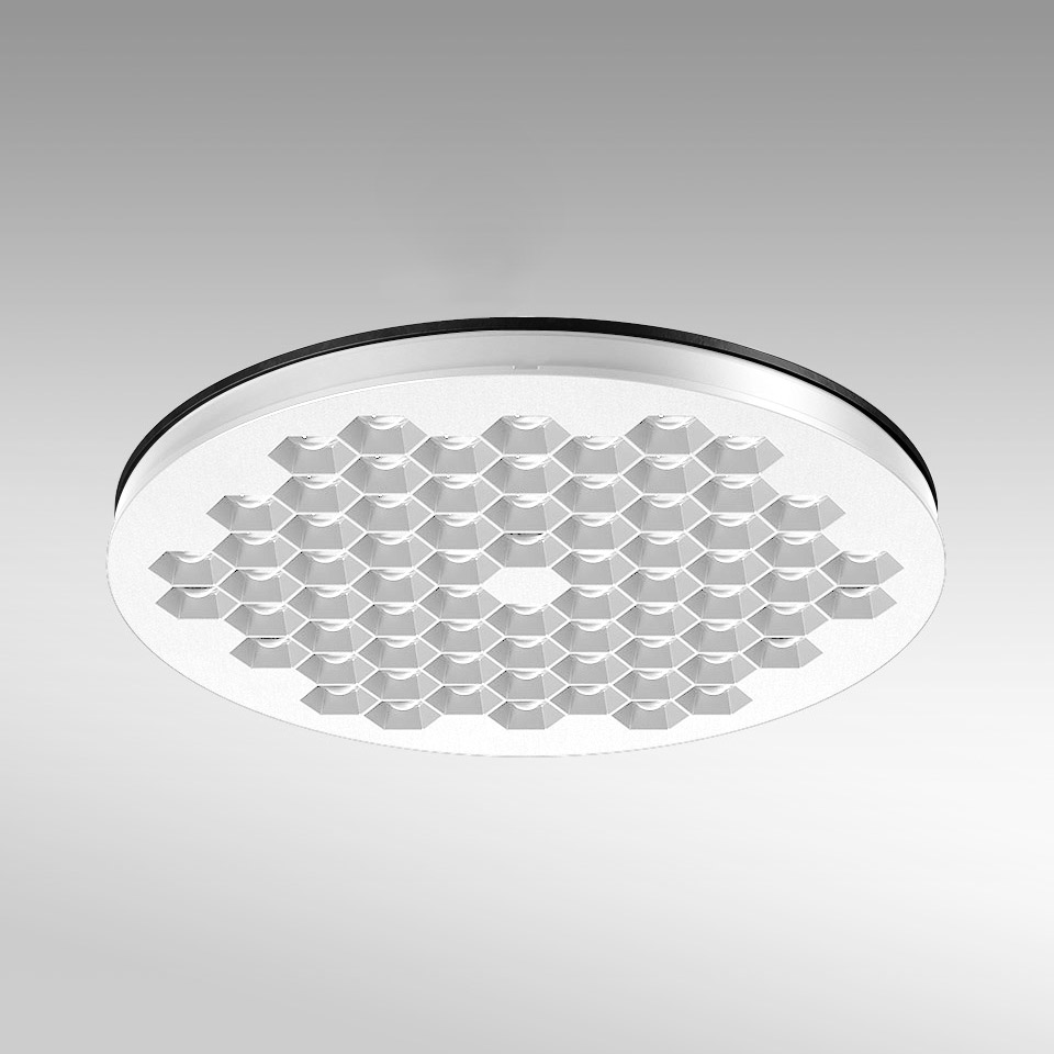 Plafoniera Artemide Helgoland: corpo rotondo bianco con griglia LED a nido d'ape esagonale, anello esterno nero