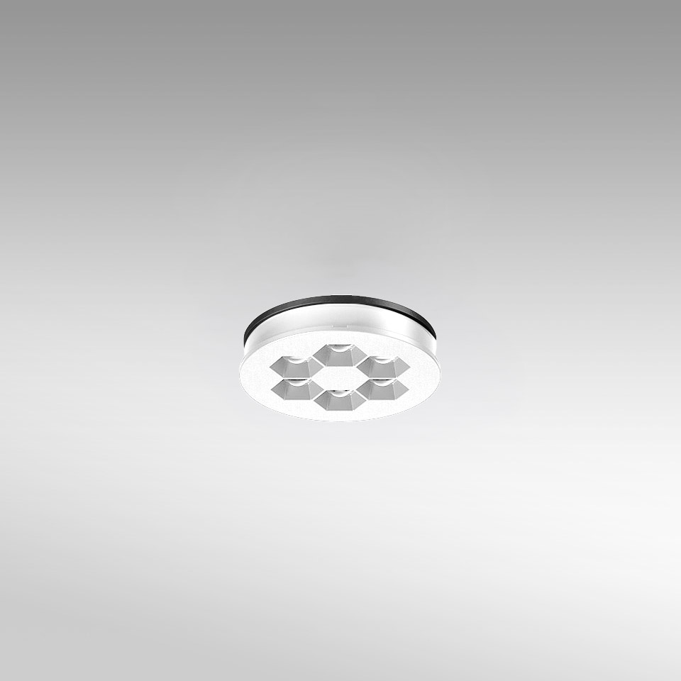 Faretto da incasso a soffitto Artemide Helgoland, cornice circolare bianca con cluster LED esagonali, anello di finitura nero