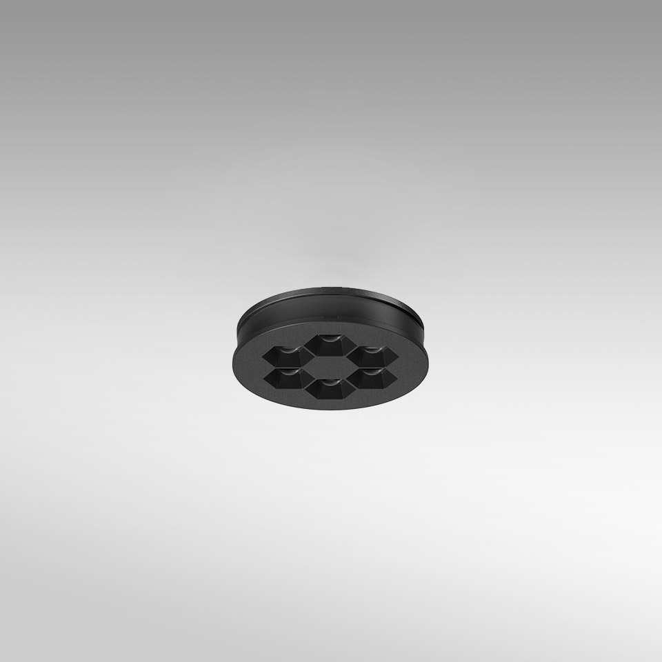 Faretto da incasso a soffitto Artemide Helgoland, corpo rotondo nero con sei celle LED esagonali disposte a nido d'ape