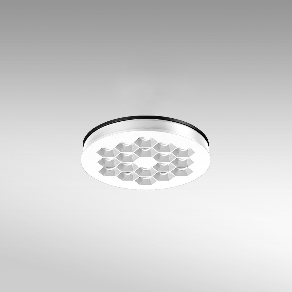 Faretto da incasso a soffitto Artemide Helgoland, corpo rotondo bianco con griglia LED a nido d'ape e anello nero