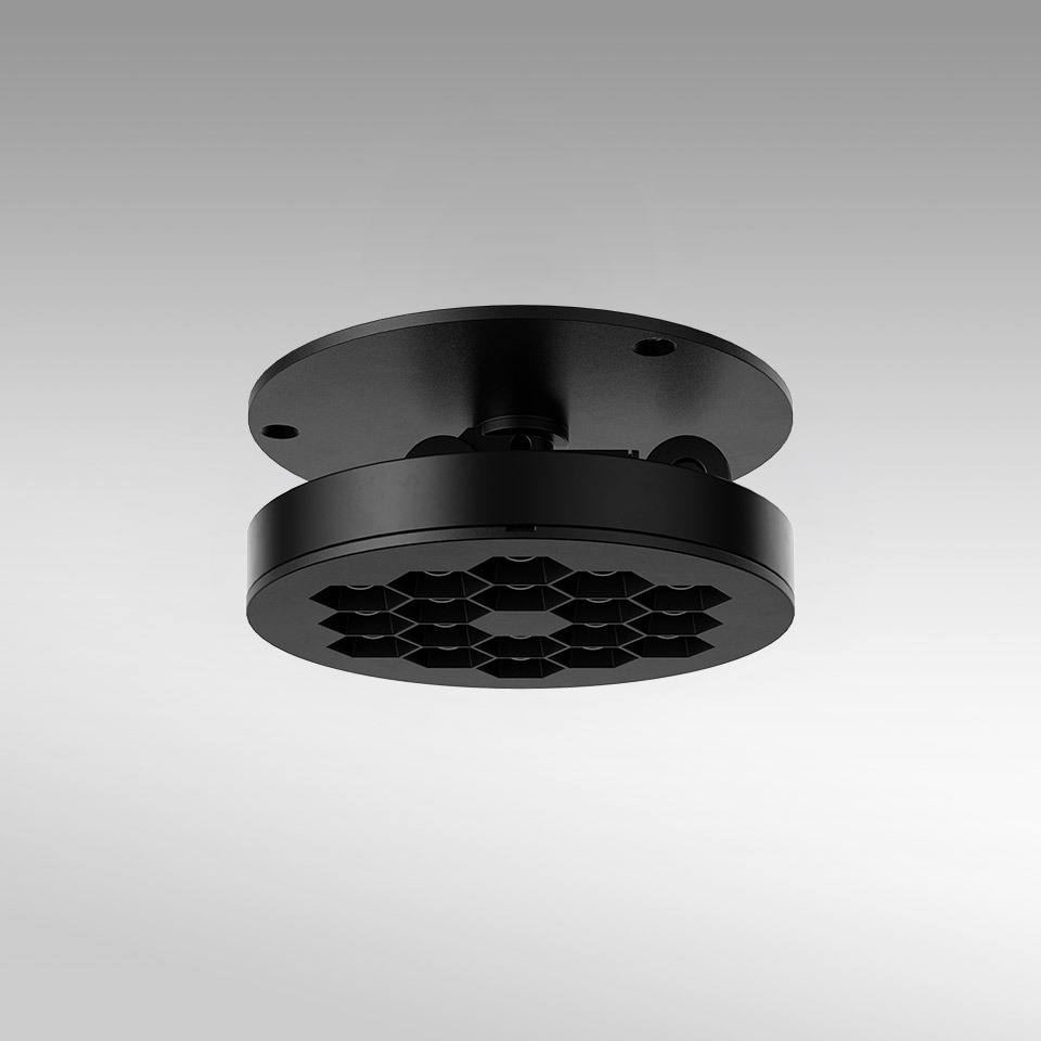 Plafoniera Artemide Helgoland Adjustable nera con griglia antiriflesso a nido d'ape circolare e piastra di montaggio rotonda