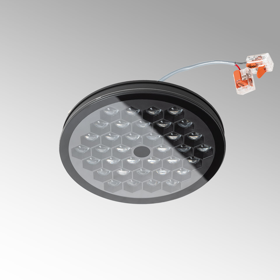 Faretto LED da incasso Artemide Helgoland IP44, cornice circolare nera con array di lenti a nido d'ape e connettore rapido
