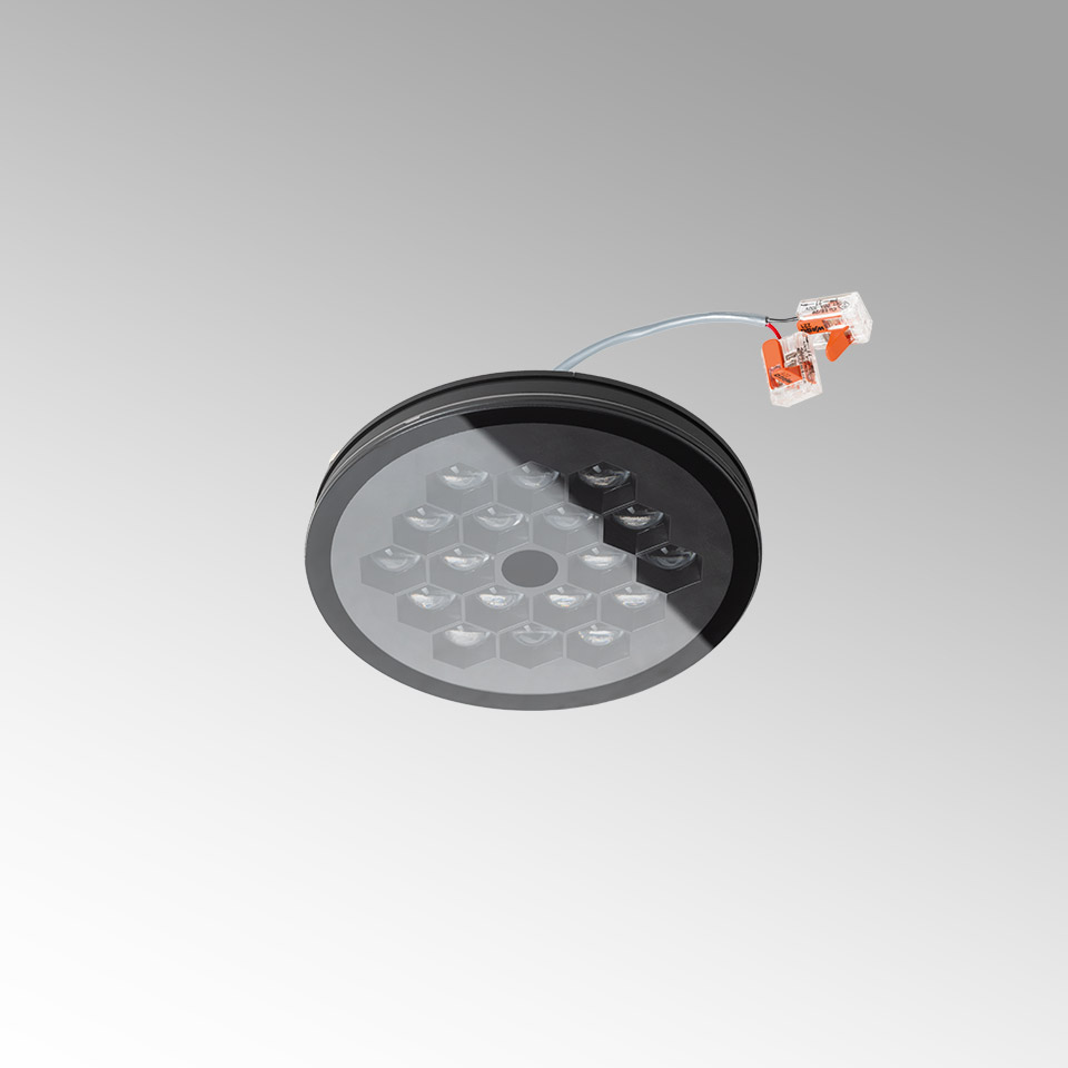 Faretto LED da incasso Artemide Helgoland IP44, cornice rotonda nera con array di lenti a nido d'ape e connettore rapido