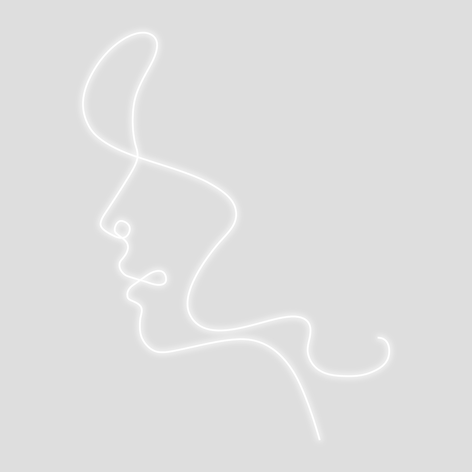 Arte al neon bianco luminoso che raffigura un profilo laterale minimalista di un volto umano, Artemide La Linea 25