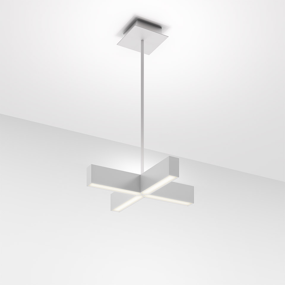 Artemide Tetras pendant lamp: cross-shaped white aluminum body with integrated LED strips, suspended from ceiling by slim rod