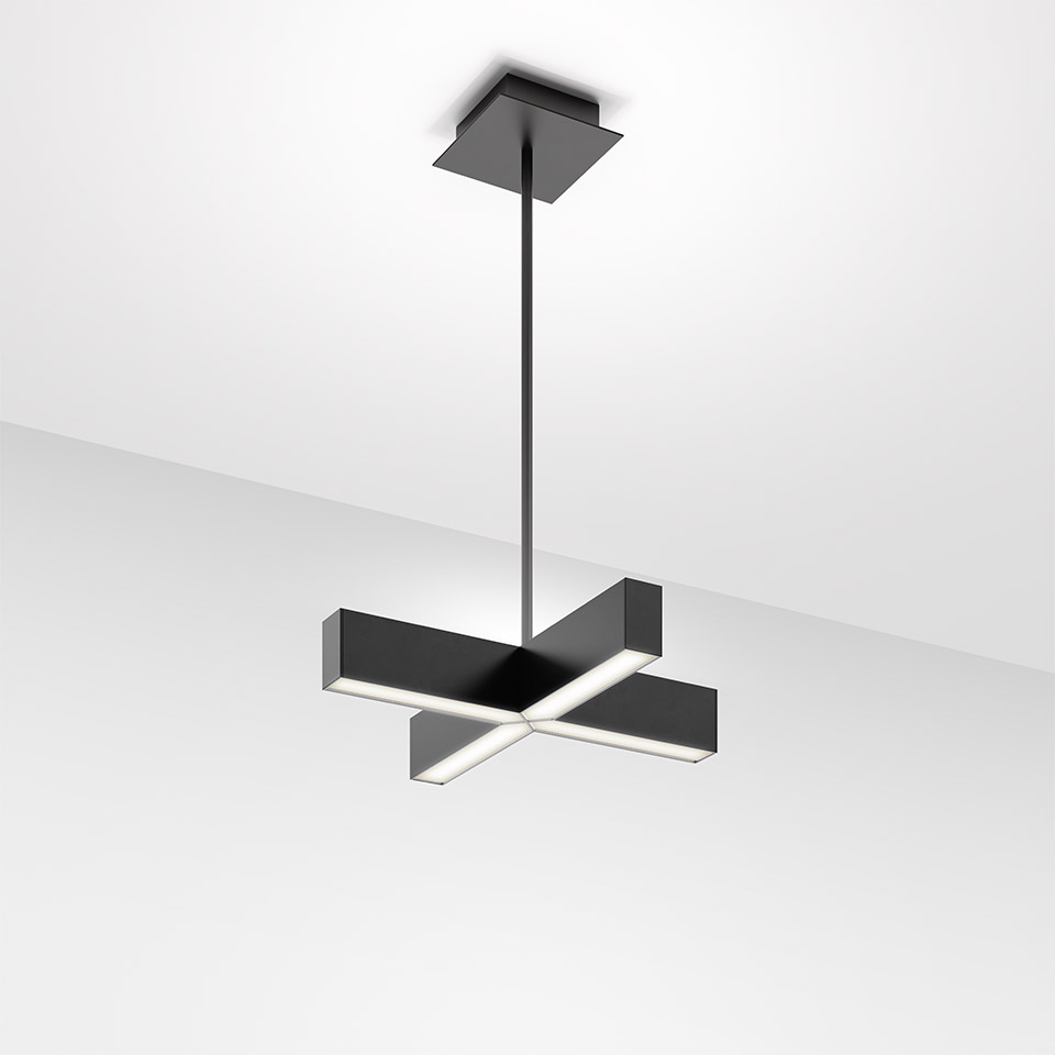 Artemide Tetras pendant lamp in black, cross-shaped LED fixture with four rectangular arms emitting light from inner edges, suspended by a rod
