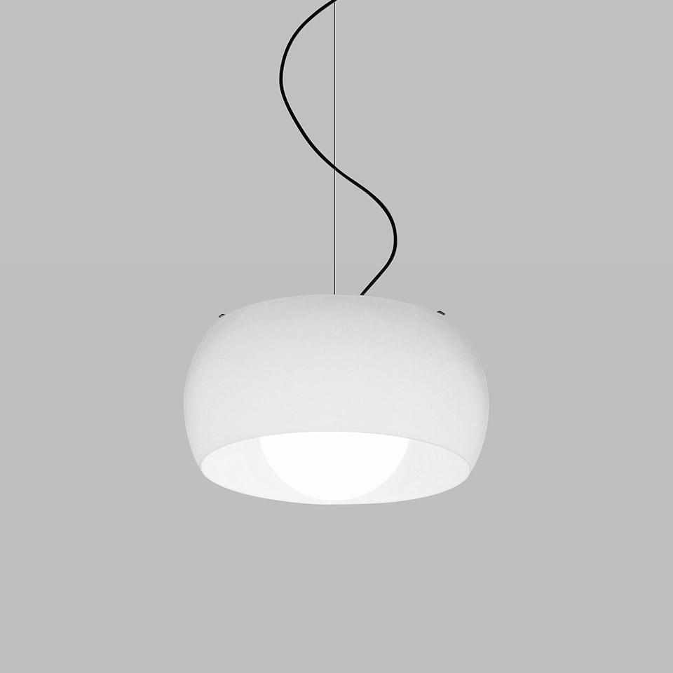 Artemide Omega pendant lamp, white dome-shaped shade with opal diffuser, suspended by a black cord on gray background